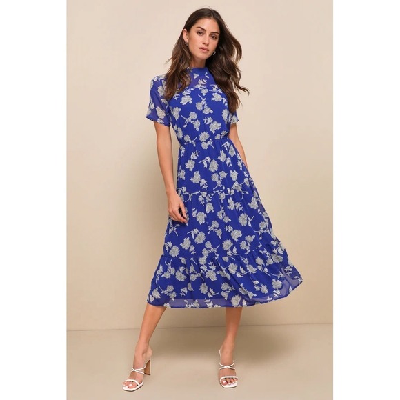 Lulus Dresses & Skirts - Lulus Royal Blue Floral Mock Neck Tiered Midi Dress Extra Large XL Short Sleeve⁠